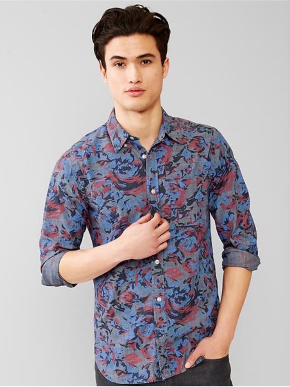 GAP indigo rose Button-Down Shirt with Red floral Accents